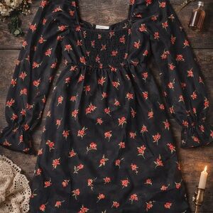 Black Floral Babydoll Dress XXL Cottagecore Sheer Sleeve Empire Waist